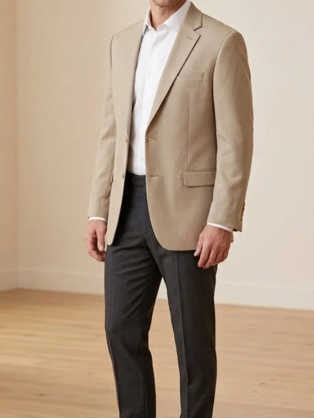 Chaps Blazer Mens 48L Light Tan/beige Two Button Suit Jacket Coat Lined Office